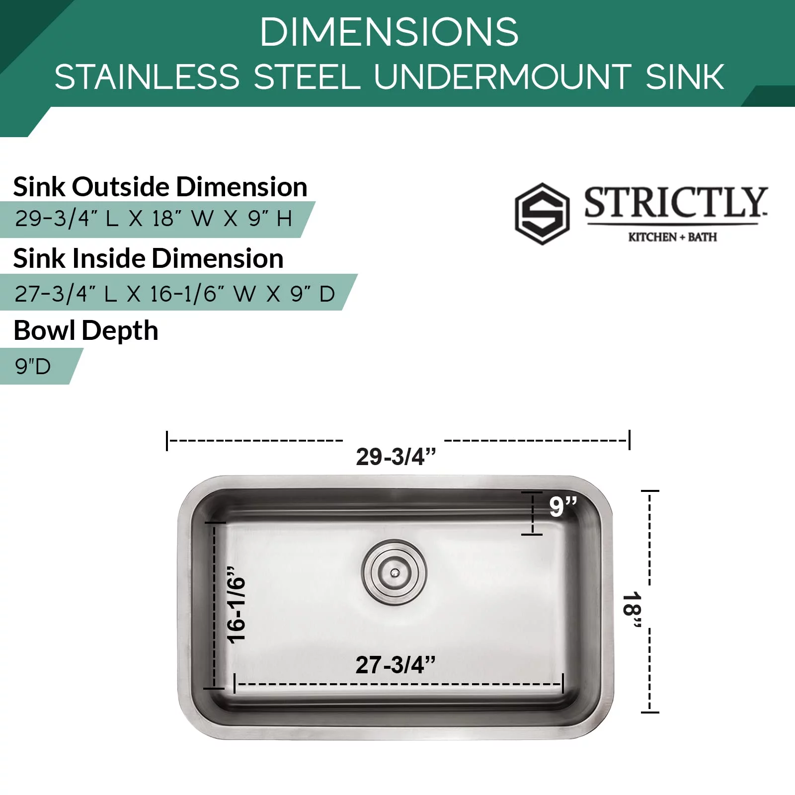 Strictly Sinks 29 Inch Undermount Kitchen Sink-Single Bowl Kitchen Sinks-18 Gauge Kitchen Sink-Ideal Sink for Kitchen with Single Disposal Flange (with Stopper), Bottom Grid & Roll Up Dish Drying Rack