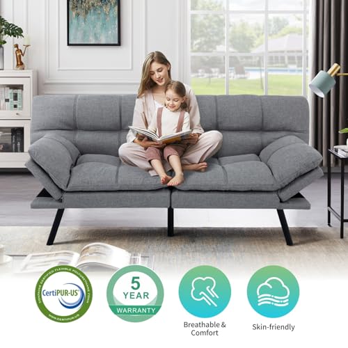 MUUEGM Memory Foam Futon Sofa Bed, Futon with Adjustable Backrests Armrests and Convertible, Modern Design Futon Couch for Living Room, Apartment, Office, Small Room, 71" Daybed Brown