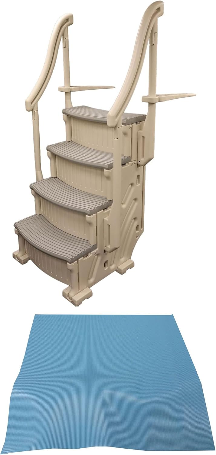 Confer 4 Step Above Ground Swimming Pool Entry Steps with Handrail System and Ladder Mat and Step Pad for Safe Pool Entry and Exit