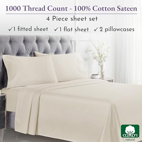 California Design Den 1000 Thread Count Queen Size Sheet Set, Winner Architectural Digest Best Sheet, 4 Pc Luxury 100% Cotton Sateen Bed Sheets, Softer Than Egyptian Cotton (White)
