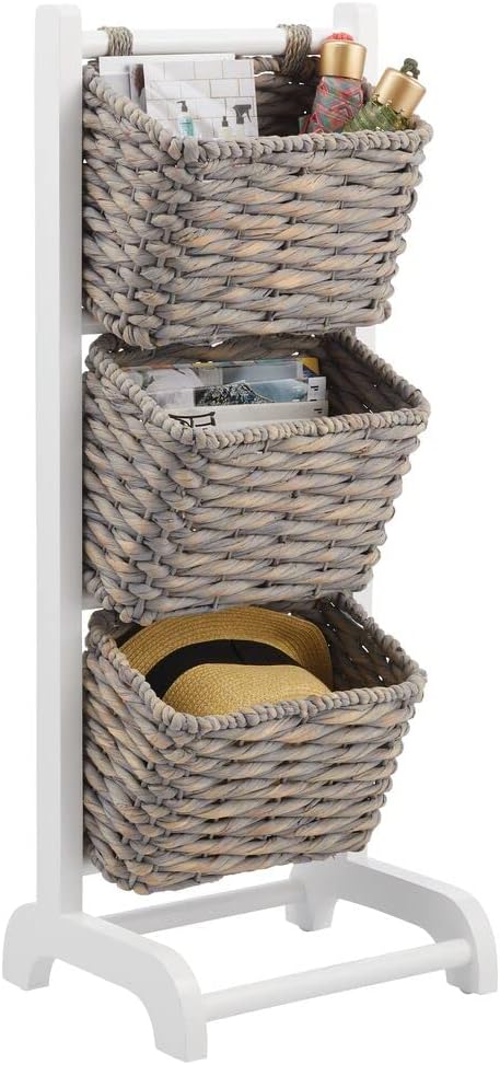 mDesign 3 Tier Vertical Standing Storage Basket Stand, Decorative Wood Storage Organizer Tower Rack with 3 Basket Bins - White/Natural/Tan