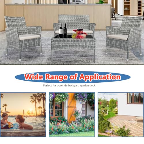 PatLoom 4-Piece Outdoor Furniture Set,Dark Grey Rattan Wicker Patio Sofa,Elegant Patio Conversation Set with Glass Top Coffee Table for Garden, Backyard, Poolside, Balcony (Grey)