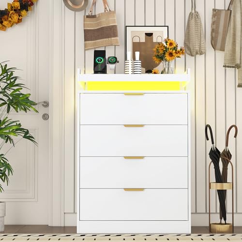 White Dresser with LED Lights, Wooden LED Dresser, 4 Drawer Chest with Charging Station, Tall Chest of Drawer Closet Organizer for Bedroom, Living Room, Entryway, Hallway