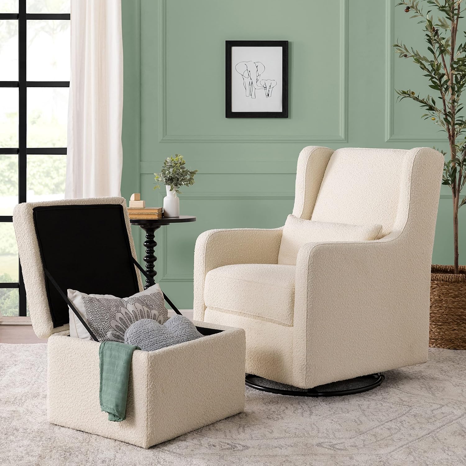 Carter's by DaVinci Adrian Swivel Glider with Storage Ottoman in Ivory Boucle, Greenguard Gold & CertiPUR-US Certified