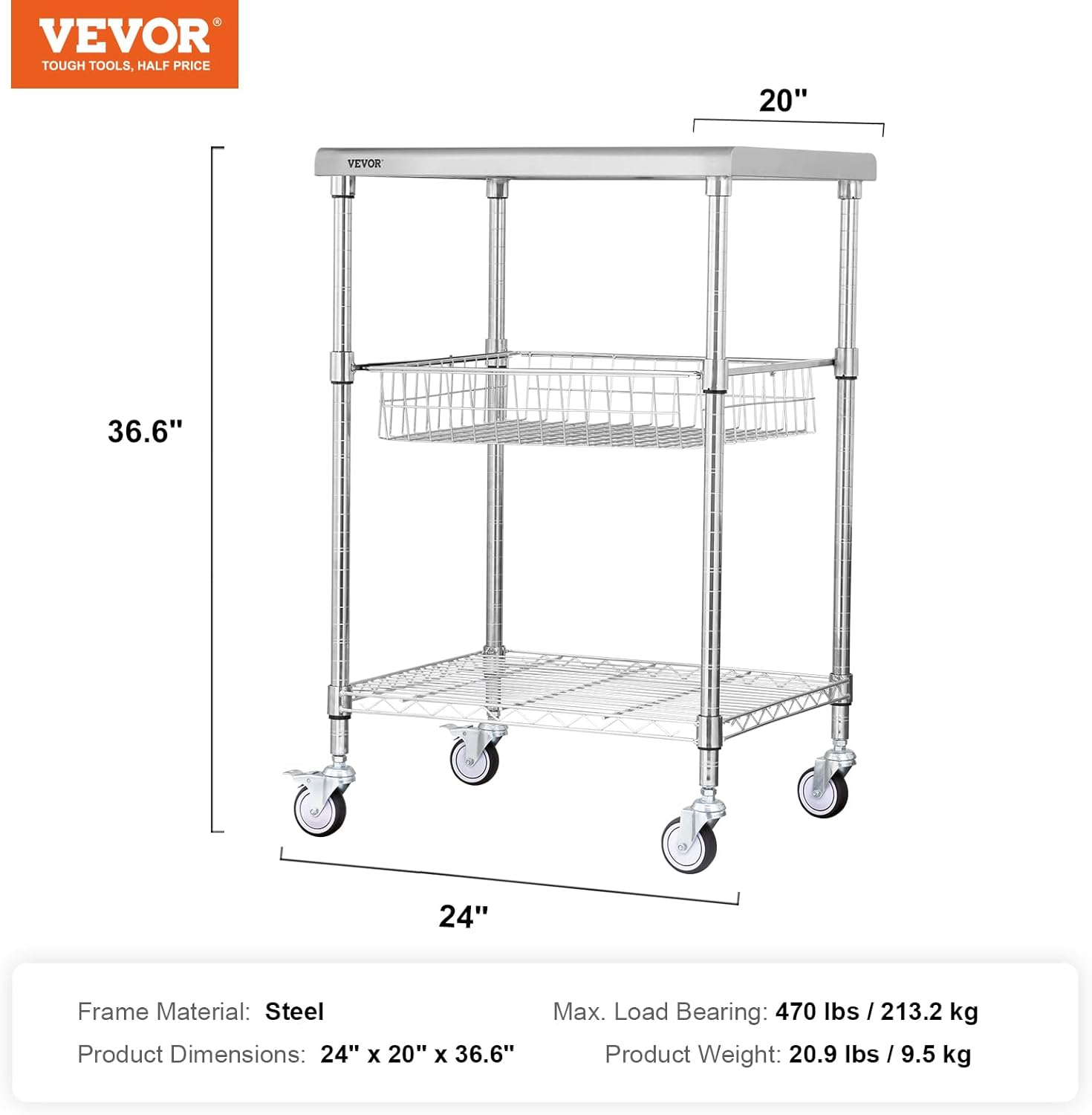 VEVOR Kitchen Utility Cart, 20"x24"x36.6" 3 Tiers Wire Rolling Cart, 470LBS Capacity Steel Service Cart with Brake Wheels, Storage Trolley with 76mm Basket PP Liner 6 Hooks, for Indoor & Outdoor Use