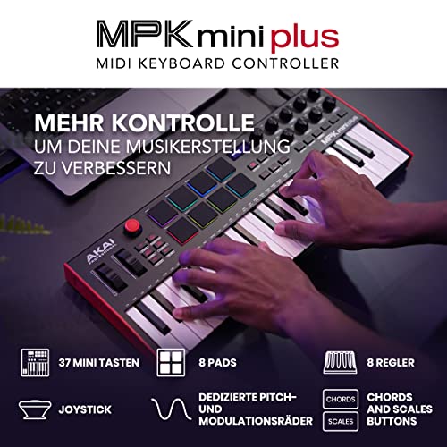 Akai Professional MPK Mini Plus - USB MIDI Keyboard Controller with 37 Mini Keys, 8 MPC Pads, Sequencer & Focusrite Scarlett Solo 3rd Gen USB Audio Interface, for the Guitarist, Vocalist