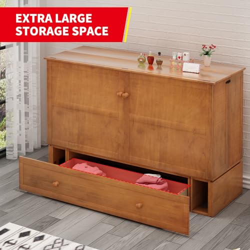 MUZZ Queen Size Murphy Bed with Charging Station, Convertible Cube Cabinet Murphy Bed with Folding Foam Mattress, Foldable Space-Saving Murphy Bed for Guest Room, Home, Office (Cherry)