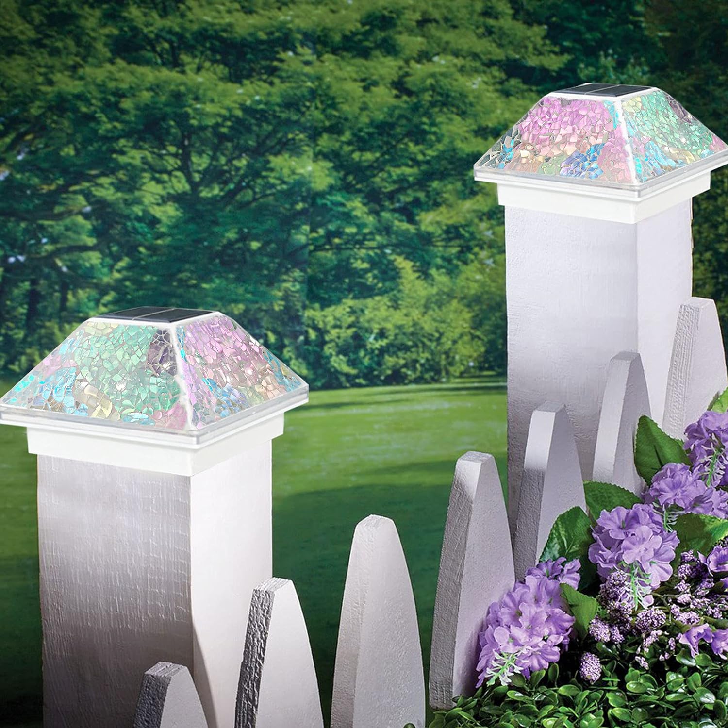 2PK Mosaic Solar Post Cap Lights Outdoor for 4x4, 3.5x3.5 Post Crackled Glass Deck Fence Lamp Weatherproof LED Light Decor in Garden, Yard, Outdoor Table, Balcony, Landscape- Cyan Blue