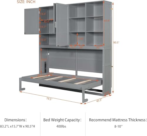 MERITLINE Twin Horizontal Murphy Bed with Storage Cabinet, LED Light and Charging Station,Wood Folding Murphy Wall Bed Cabinet with Bookcase and Shelves for Adult (White)
