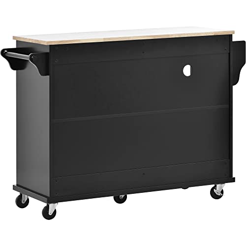 Kitchen Island Cart with Wood Top, Rolling Mobile Kitchen Island Buffet Server Sideboard with 2 Drawers, Storage Cabinet, Open Shelves, Spice Rack & Towel Rack, White