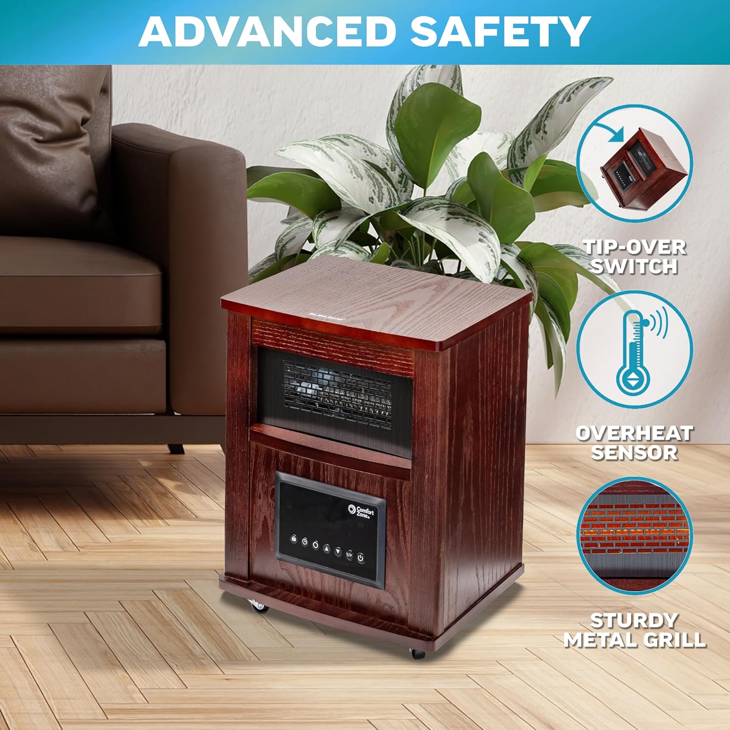 Comfort Zone Wood Cabinet Space Heater with Remote, 16 inch, Adjustable Thermostat, Digital Display, Overheat Protection, Electric, Infrared Quartz, Ideal for Home, Bedroom, & Office, 1,500W, CZ2032C