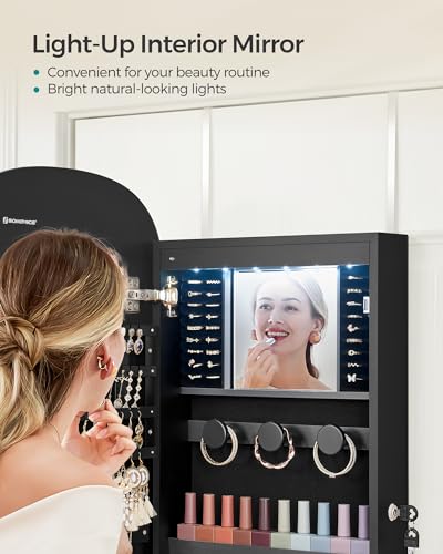 SONGMICS Jewelry Organizer, LED Jewelry Cabinet Wall or Door Mounted, Lockable Rounded Wide Mirror with Storage, Interior Mirror, 3.9 x 16.5 x 42.5 Inches, Black Surface with Black Lining