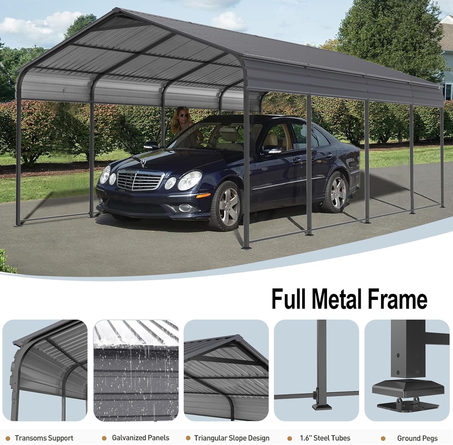 Carport 10 x 20 ft Heavy Duty Metal Carport Canopy with Galvanized Steel Roof Frame, Outdoor Garage Car Shelter Shade, Car Tent Outdoor Storage Shed for Car, Boats and Truck, Gray