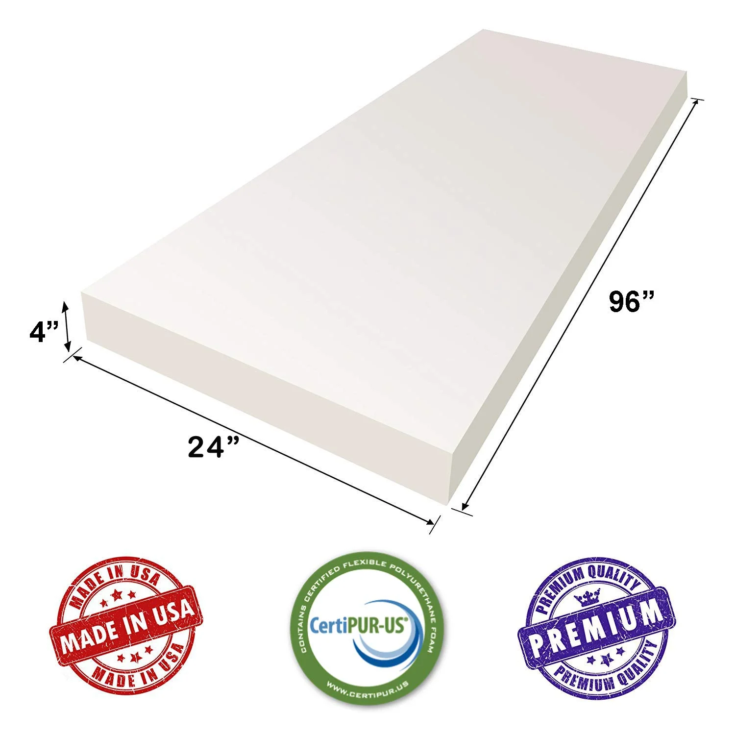 AK TRADING CO. CertiPUR-US Certified Upholstery Foam Cushion (Upholstery Sheet, Foam Padding, Seat Replacement) - 4" H X 24" W X 96" L