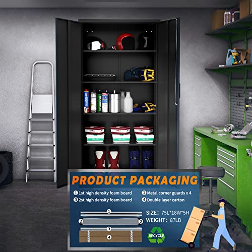 Yizosh Metal Garage Storage Cabinet with 2 Doors and 5 Adjustable Shelves - 71" Steel Lockable File Cabinet,Locking Tool Cabinets for Office,Home,Garage,Gym,School (Gray White)