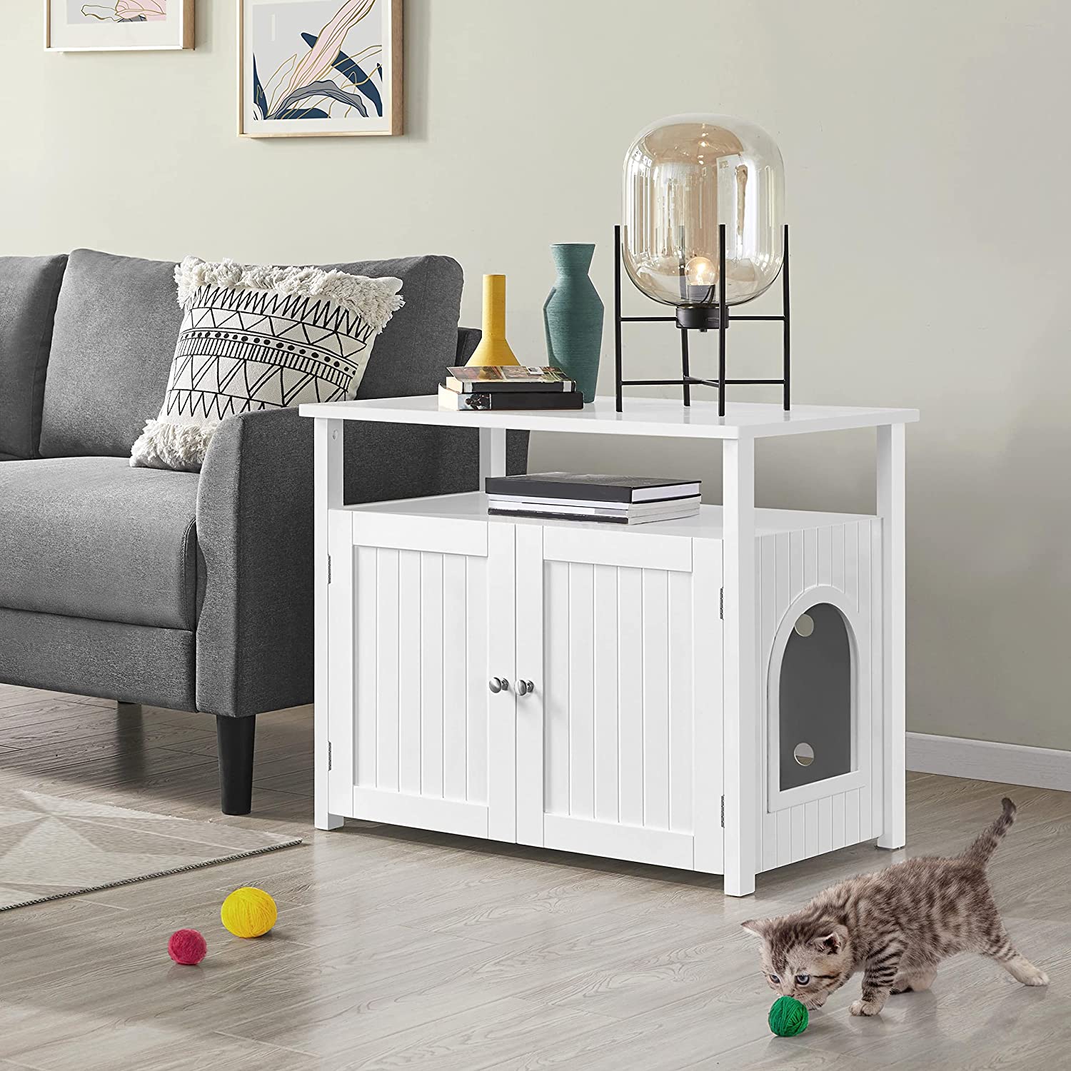Cat Litter Box Enclosure, Hidden Cat Washroom with Storage Shelf & Adjustable Inner Space, Pet Side for Living Room