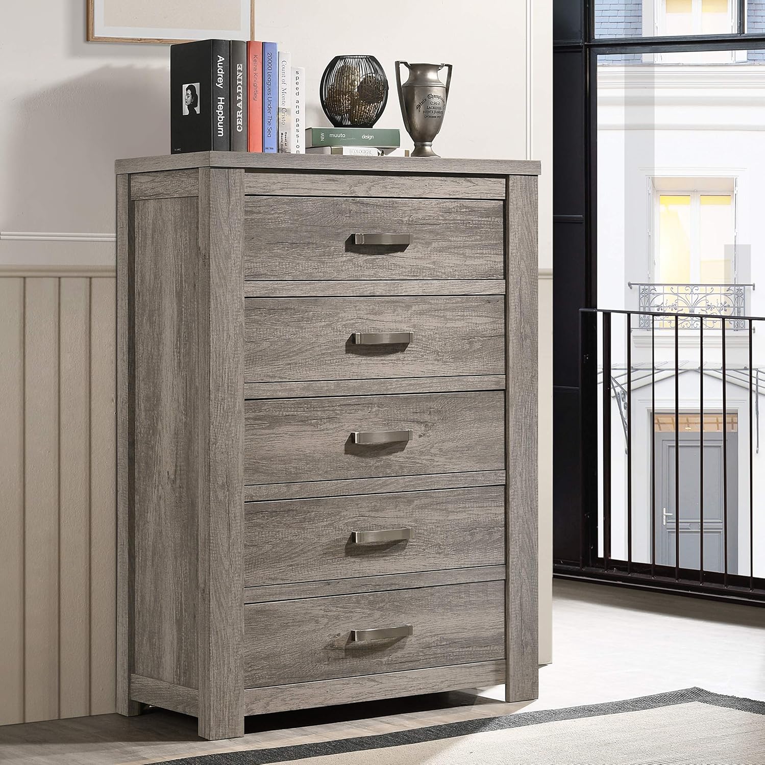Roundhill Furniture Floren Contemporary Weathered Gray Wood Bedroom Set, Queen Panel Bed, Dresser, Mirror, Nightstand, Chest