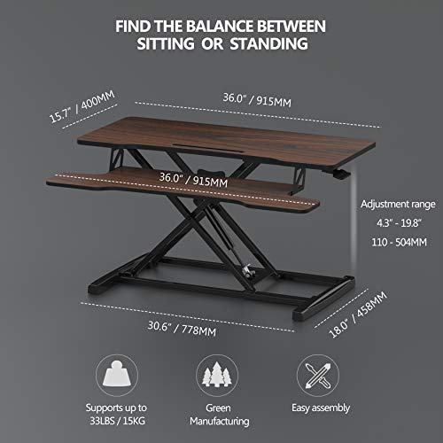 FITUEYES Height Adjustable Standing Desk 36” Wide Sit to Stand Converter Stand Up Desk Tabletop Workstation for Dual Monitor Riser FSD309101WB