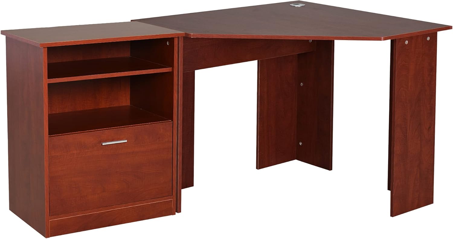HOMCOM Computer Desk with Printer Cabinet, L-Shaped Corner Desk with Storage, Study PC Workstation for Home Office, Cherry