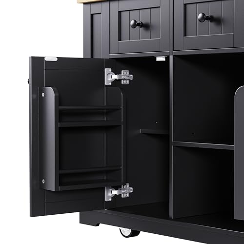 53" Rolling Large Kitchen Island Set with Power Outlet,Mobile Carts with Storage Cabinet,Extra Drop Leaf,3 Drawers and 5 Open Side Racks,Wood Table for Dining Room (Island & Stools)