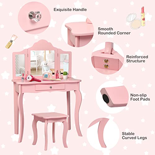 HONEY JOY Kids Vanity Set with Mirror, 2-in-1 Wooden Toddler Vanity Table with Stool, Tri-Folding Mirror & Drawer, Removable Top, Princess Pretend Play Beauty Makeup Vanity for Little Girls (White)