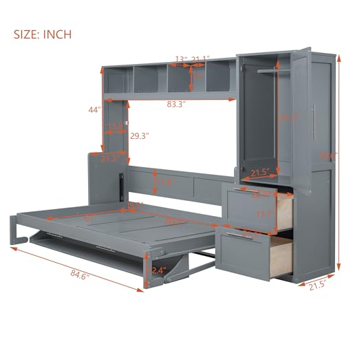 SOFTSEA Queen Size Horizontal Murphy Bed, Queen Murphy Bed with Desk Wardrobe Storage Shelf, Queen Hideaway Wall Bed with Drawers Space-Saving for Guest Room Bedroom or Office, Gray
