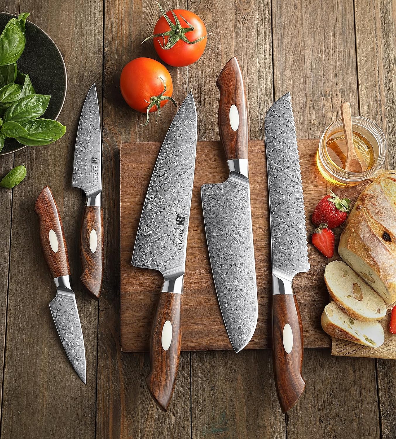 XINZUO 5-Piece Damascus Knife Set, 110 Layers Damascus Steel Professional Chef Knife Set, Razor Sharp for Meat,Vegetable Cutting,North America Desert Iron Wood Handle,Exquisite Box Package