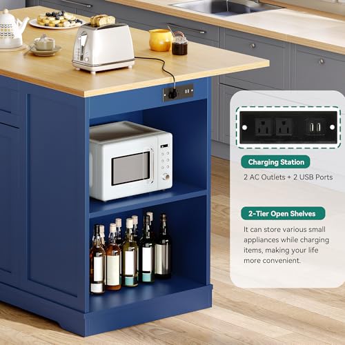 YITAHOME 50" Rolling Kitchen Island with Power Outlet & Drop Leaf, Mobile Storage Islands with Trash Can Cabinet, Microwave Rack Serving Cart on Wheels with Spice Rack, Retro White