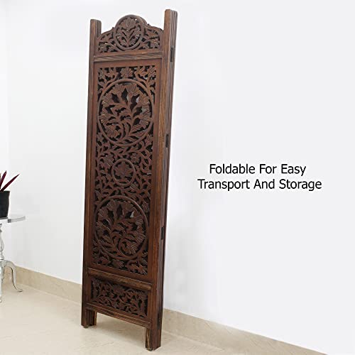 Room Divider Wood Screen - Ghanti Bells Antique Brown - 4 Panel Folding 72 x 80 - Assembled Hand Carved Decorative Functional Versatile Portable Partition Reversible Privacy Boho - COTTON CRAFT