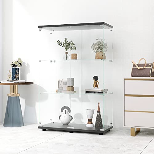 Glass Display Cabinet, 3 Shelves Glass Curio Cabinet Display Case, Floor Standing Glass Bookshelf Corner Cabinet for Living Room Bedroom Home Officee, 49.3" H x 16.7" W x 14.3" D, White