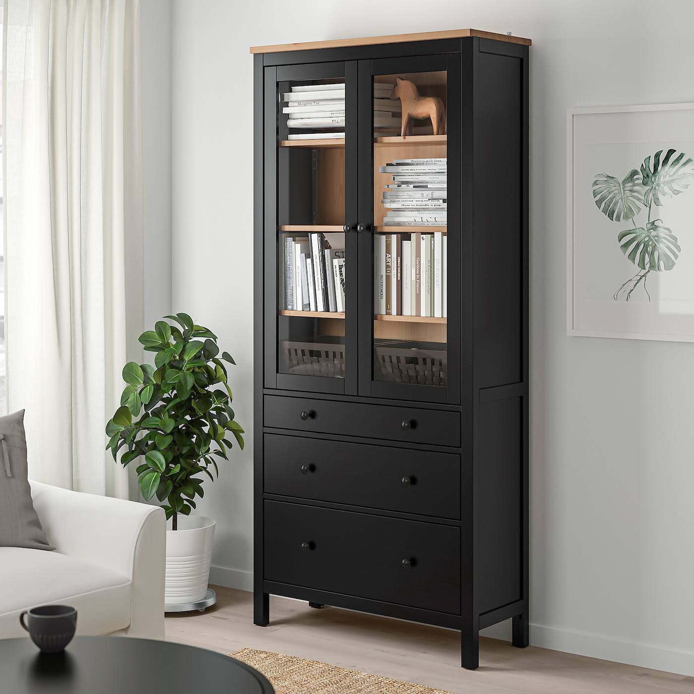 IKEA - HEMNES Glass-Door Cabinet with 3 Drawers, Black-brown/light Brown, 35 3/8x77 1/2