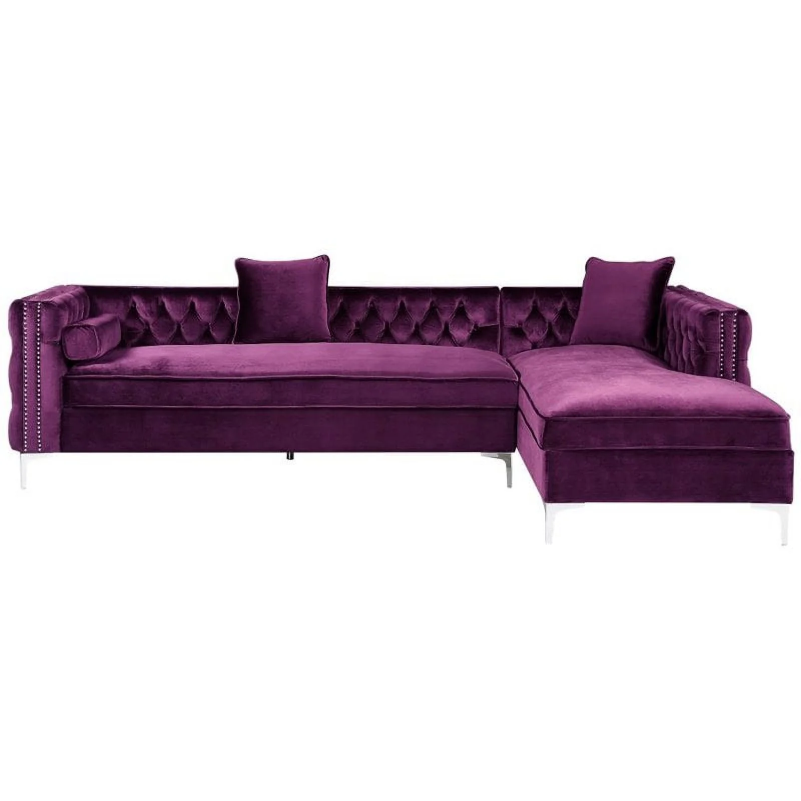 Posh Living Levi 115" Velvet Secitional Sofa with Right Facing Chaise in Purple