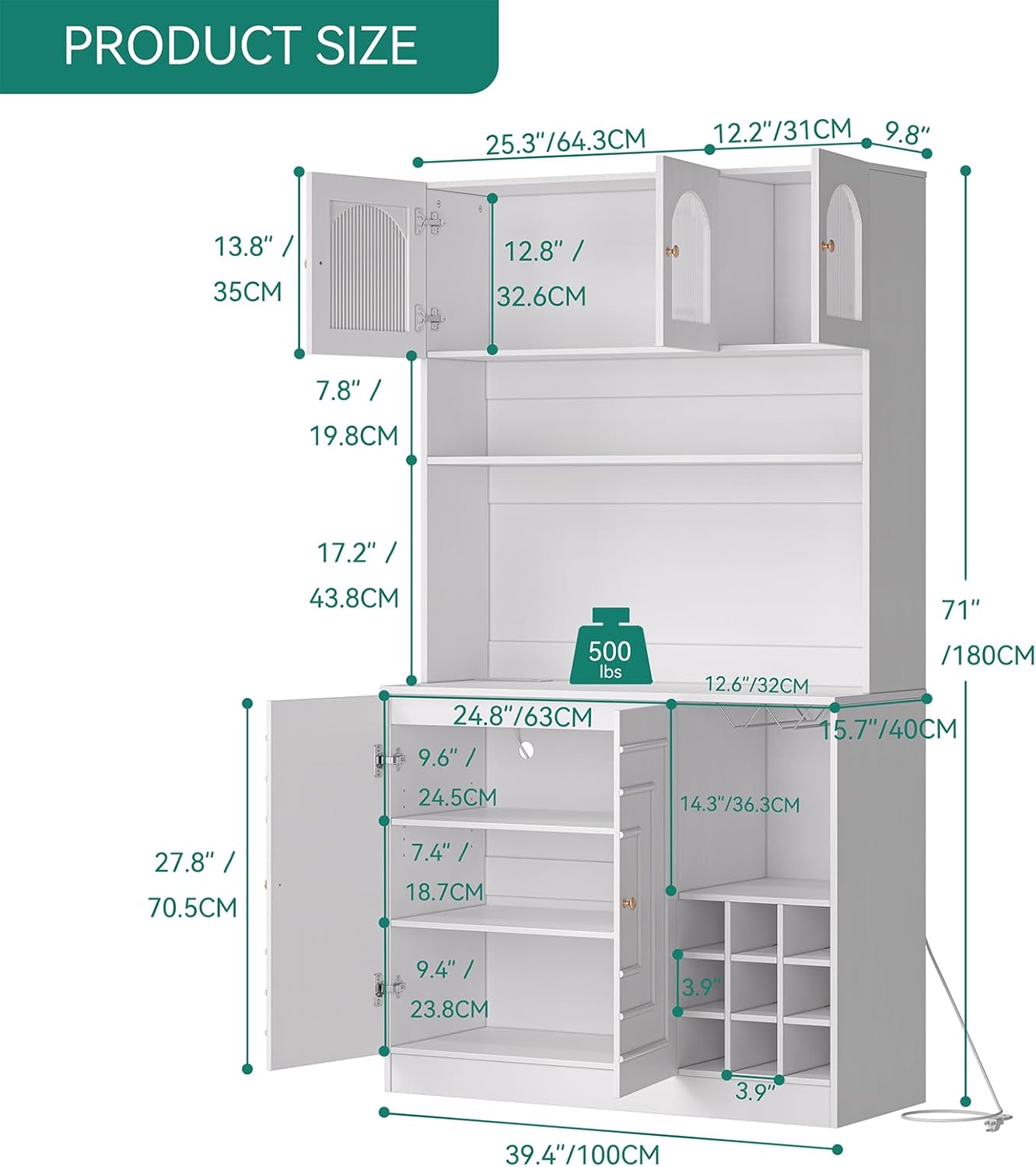 Kitchen Pantry Cabinet with Storage, 71" Tall Hutch Storage Cabinet for Dining Room, White Freestanding Food Pantry Cabinet with Microwave Stand & Power Outlet, Goblet Rack & Wine Rack.
