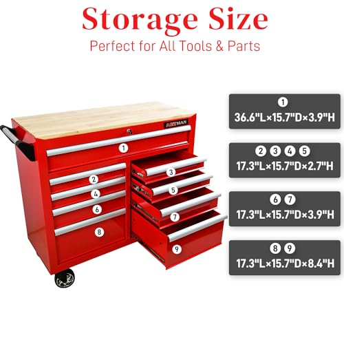 Heavy Duty Rolling Tool Chest with 9-Drawer Wood Top Tool Cart Mechanic Tool Box with Wheels Tool Storage Cabinet Mobile Workbench Tool Bench for Garage, Warehouse, Workshop, Repair Shop (Black)