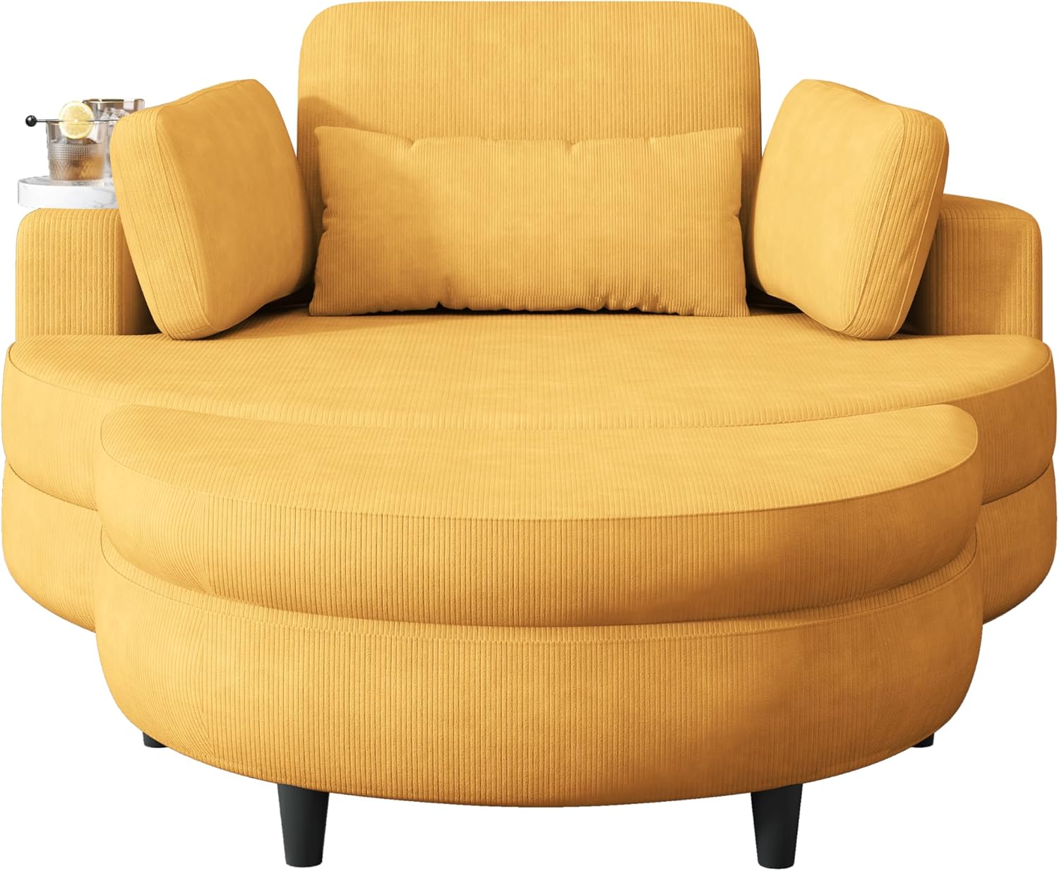 Oversized Accent Barrel Chair Soft Corduroy Upholstery Round Leisure Armchair w/Adjustable Headrest,4 Pillows,Storage Ottoman & Removable Tray for Home Apartment Living Room Hotel Lobby