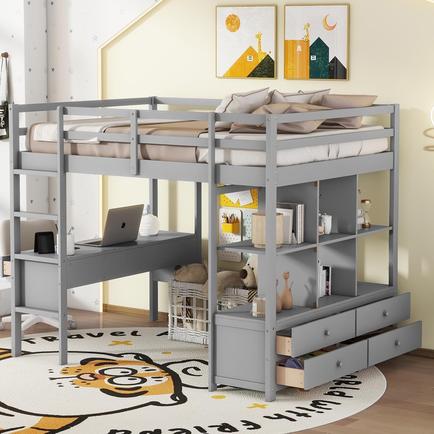 Harper & Bright Designs Full Size Loft Bed with Desk and 2 Drawers, Solid Wood Full Loft Bed with Storage Shelves and Drawers for Girls Boys Teens Adults,No Box Spring Needed,Grey