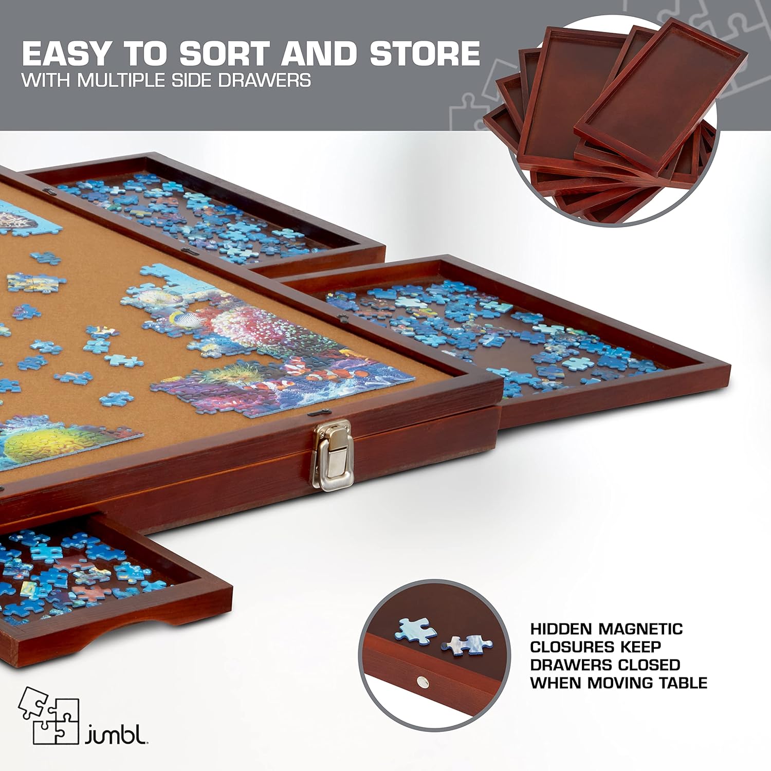 Jumbl Premium 1500-Piece Tilting Puzzle Board w/Felt Surface, 6 Removable Sorting Drawers Surface, Interlocking Cover | 27” x 35” Wooden Jigsaw Puzzle Table | Reinforced Hardwood Construction