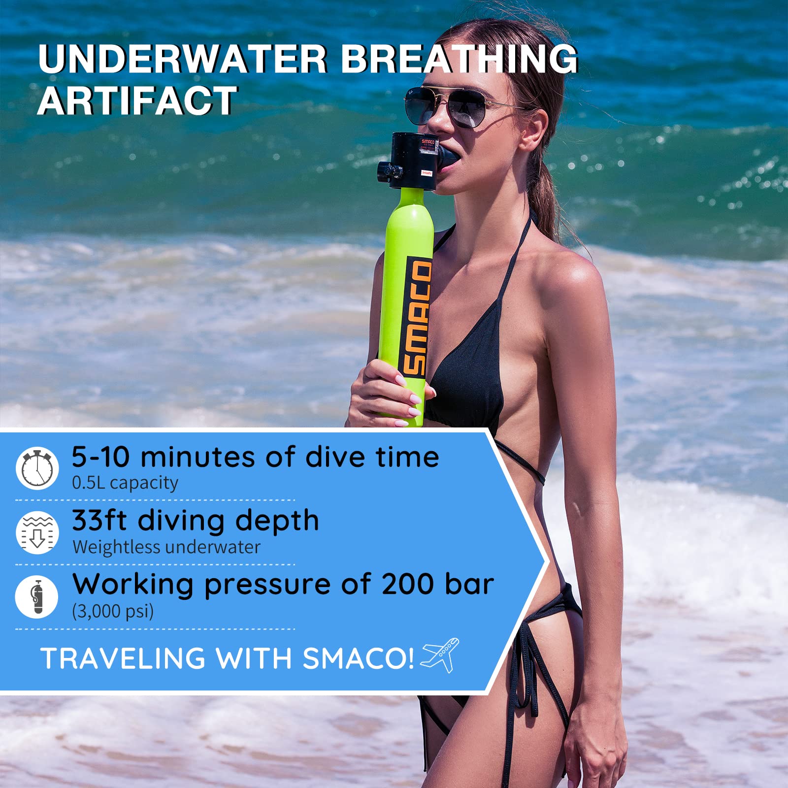 SMACO S300 Plus Mini Scuba Tank 0.5L Portable Mini Diving Tank Reusable Pony Bottle with Adapter-Green