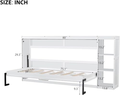 Full Murphy Bed with Storage Shelves,Wood Murphy Bed Cabinet with Storage Bookcase,Fold Up Bed Modern Murphy Wall Bed Full Size (White,Full)