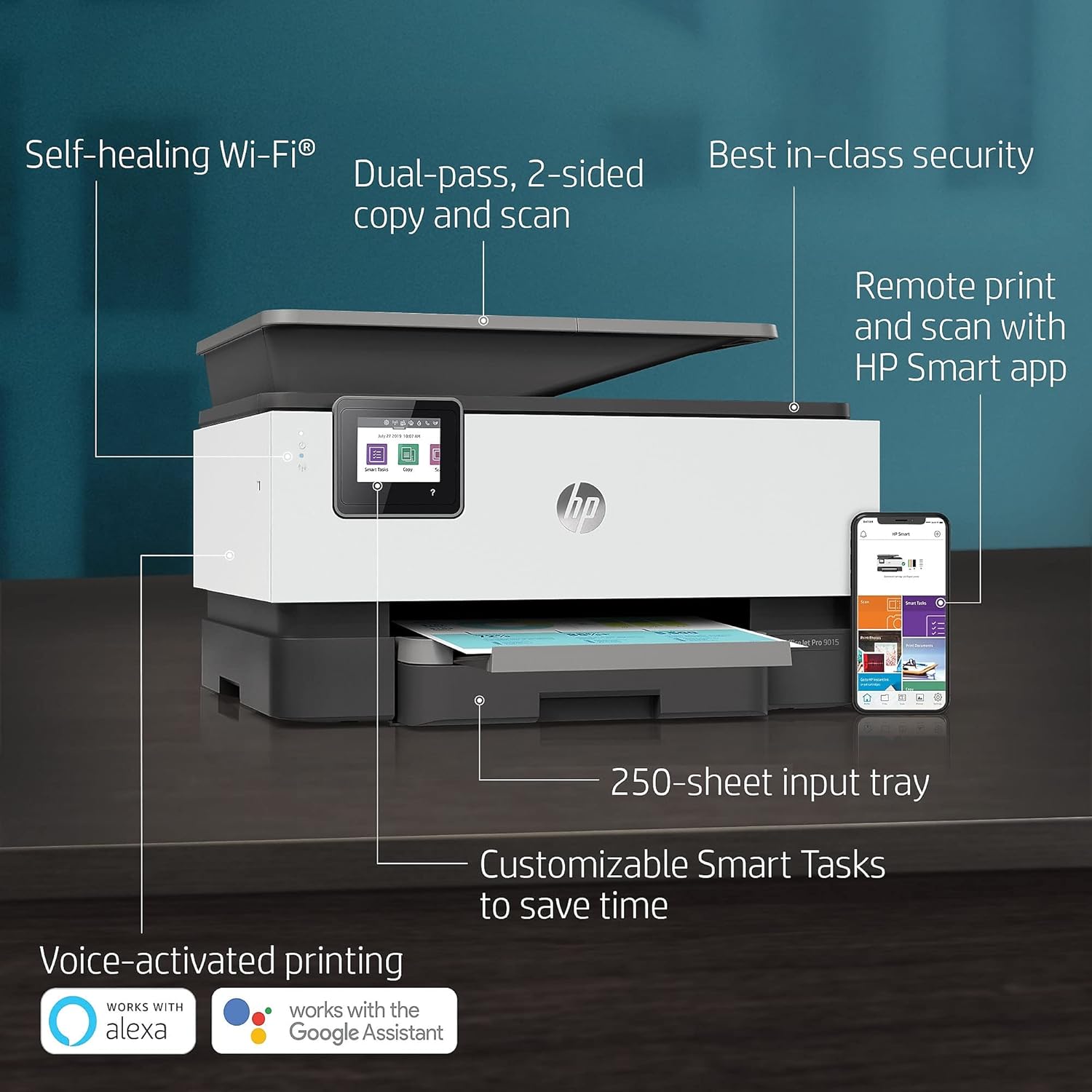 HP OfficeJet Pro 9015 All-in-One Wireless Color Printer, with Smart Home Office Productivity, HP Instant Ink, Works with Alexa (1KR42A)