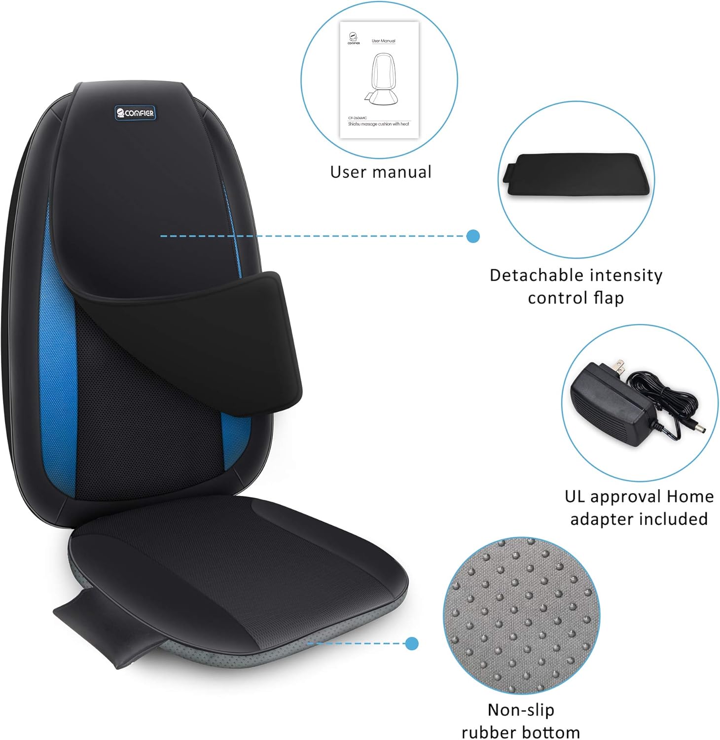 Comfier Shiatsu Back Massager with Heat -Deep Tissue Kneading Massage Seat Cushion, Massage Chair Pad for Full Back, Electric Body Massager for Home or Office Chair use