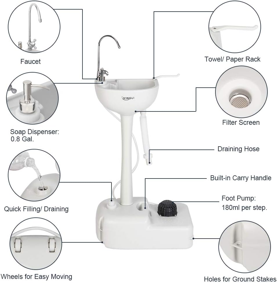 VINGLI Upgraded Portable Sink and Toilet Combo| Self-contained 5 Gal Hand Washing Station & 5.3 Gal Flushing Toilet, Perfect for Camping/RV/Boat/Road Tripper/Camper, Detachable & Lightweight