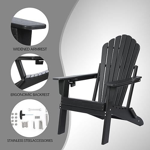 Folding Adirondack Chair,SGS Tested,Wooden Textured with Cup Holder,Widened Heavy All-Weather HDPE Comfortable Seating for Ourdoor Teak