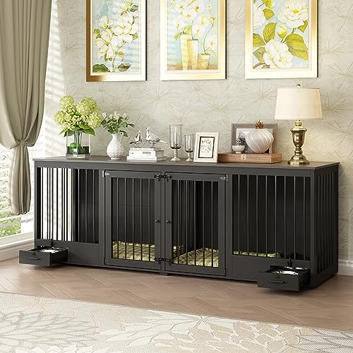 Furniture Style Large Dog Crate for 2 Dogs, 86.6" Heavy Duty Wooden Dog Kennel with Dog Bowl Drawers & Divider, Indoor Furniture Style Dog Kennel for Large Medium Dogs, Black