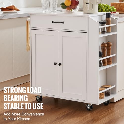 VEVOR Kitchen Island Cart with Solid Wood Top, 35.4" Width Mobile Carts with Storage Cabinet, Rolling Kitchen Table with Spice Rack, Towel Rack, and Drawer, Portable Islands on Wheels, White