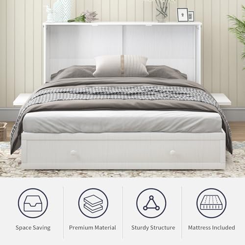 Murphy Cabinet Chest Bed, Elegant Queen Size Wall Bed with Charging Station, Storage Drawer, Solid Wood Frame and Folding Mattress, Ideal for Small Space and guest room -B (Burnt Orange)