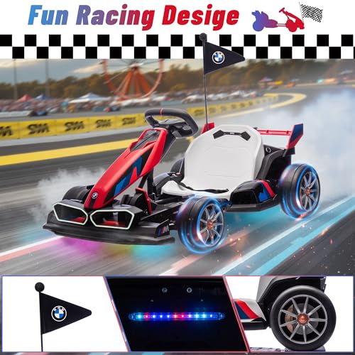 24V 9AH Electric Go Kart with Adjustable Seat, 7.5 MPH Drift Kart for Kids Age 6-12, 2 * 200W Motors, Drift Mode and 2 Speed, Licensed BMW (Grey)
