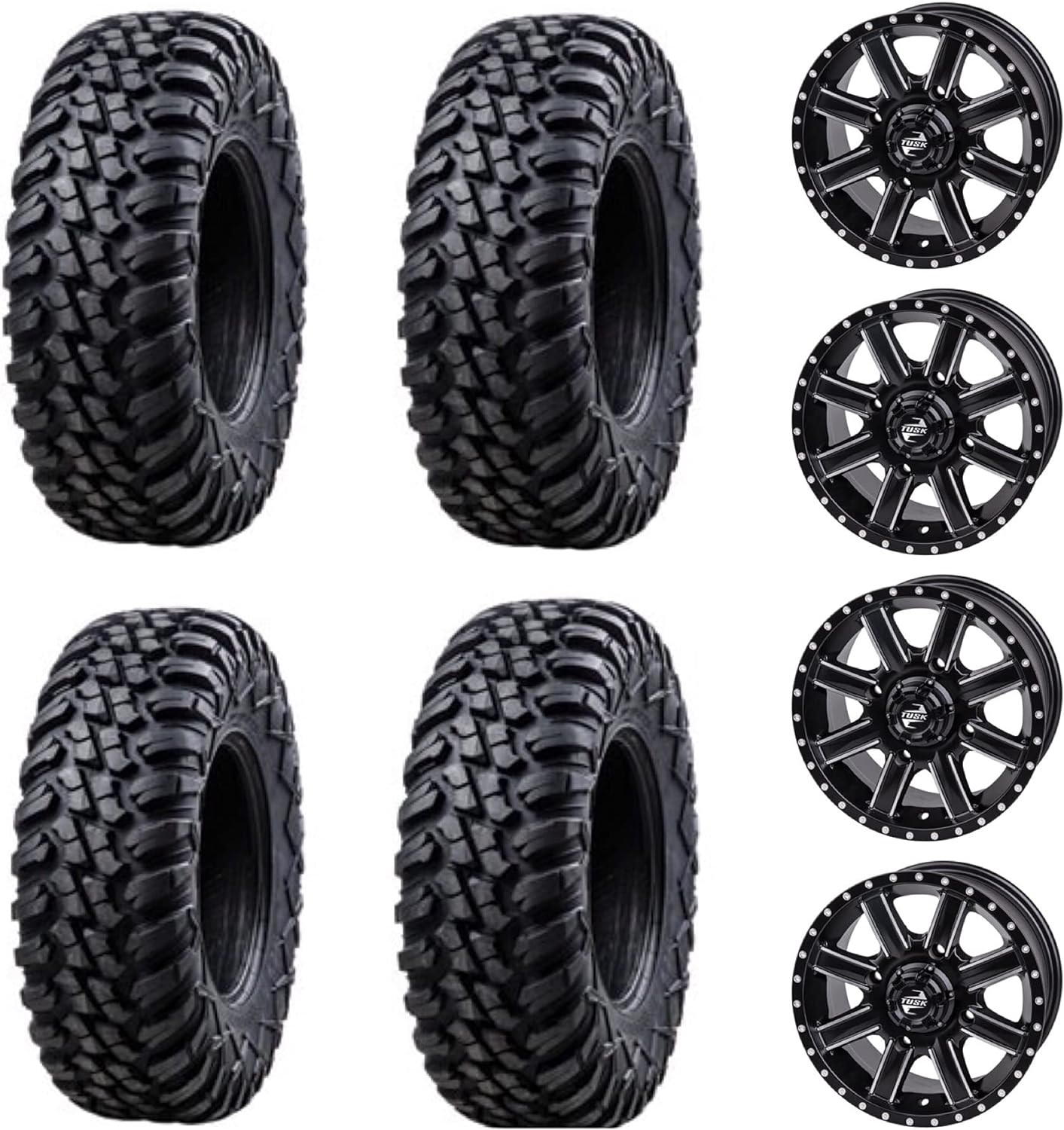 Tusk Racing Four 30x10-14 TERRABITE Heavy Duty 8-Ply Radial DOT UTV Tires mounted on CASCADE Wheels - For POLARIS applications 4/156 bolt pattern Includes Lug Nuts (4+3 Wheel Offset, Matte Black)