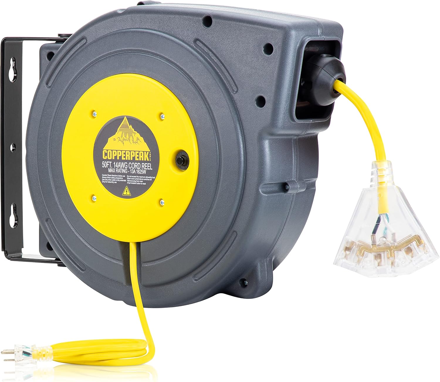 CopperPeak 50 ft Retractable Extension Cord Reel - Ceiling or Wall Mount - 14 gauge - Blue and Black