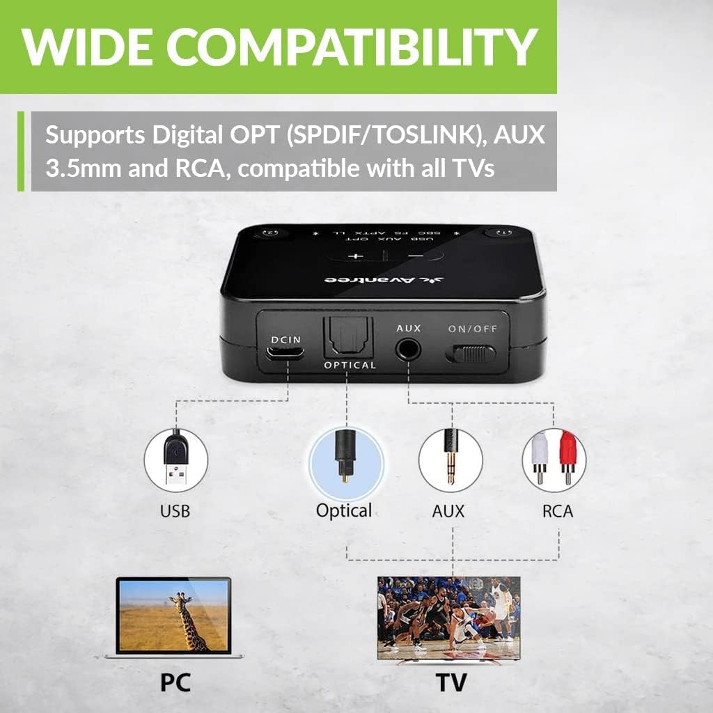 Avantree Audikast Plus Bluetooth 5.0 Transmitter for TV with Volume Control, aptX Low Latency Audio Adapter for 2 Headphones (Optical, AUX, RCA, USB), Class 1 Long Range 100ft - No Receiver Mode Pack of 2